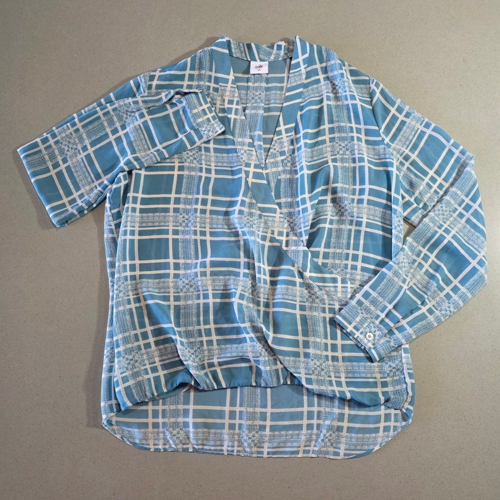 Cabi 3068 Blue White Plaid Surplice Wrap Blouse Medium Long Sleeve Top